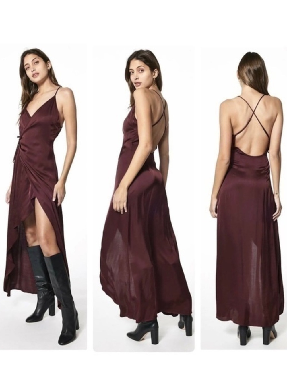 YBF Y2K Giovanni Slip Burgundy Raisin Wrap Flowy Maxi Dress- Small
